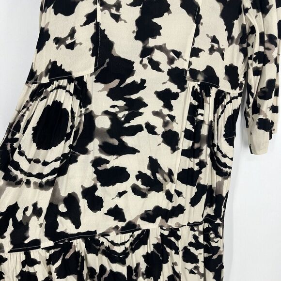 Alembika Dress Size 2 6-8 Black White Tribal Print 3/4 Sleeve V Neck Midi Shift - Picture 3 of 11